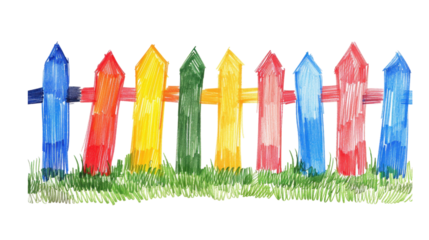 Naive child's crayon drawing of a colorful wooden fence with green grass.