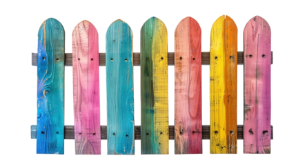 Colorful painted wooden fence panels with rounded tops on a black background.