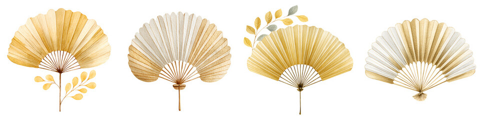 Elegant Golden Hand Fan Collection Isolated - Japanese Style, Party Decor, Wedding