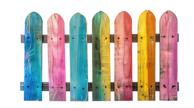 Colorful painted wooden fence panels with rounded tops on a black background.