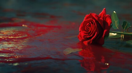 Red rose immersed in blood pool symbolizing passion and heartbreak.