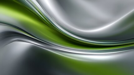 Shiny metallic green and silver abstract waves, futuristic smooth liquid texture, modern background for design, technology or luxury concept.