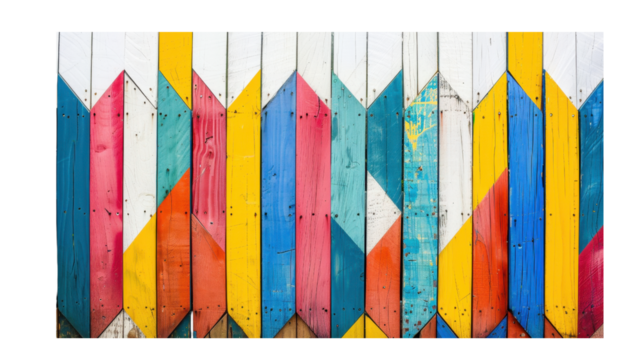 Vibrant painted wooden fence with striking geometric patterns and bright colors.