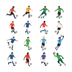 Diverse Soccer Players: Flat Isometric Illustration, Action Poses, Team Sports Concept