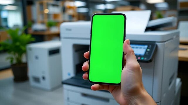 Smartphone with Green Screen in Office: A hand firmly grasps a smartphone, its vibrant green screen promising possibilities, held against a backdrop of a modern office.
