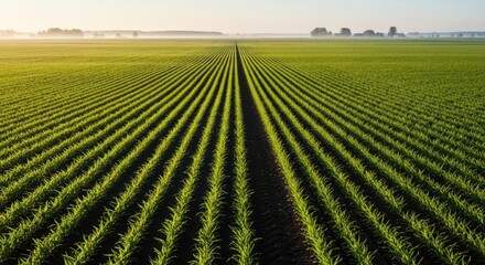 Green Corn Field Rows, Agricultural Landscape, Morning Light.
