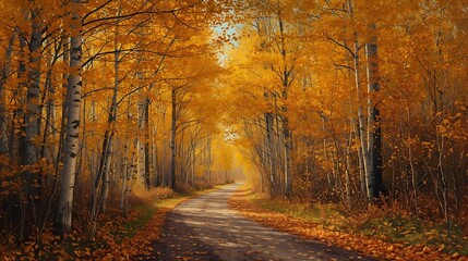Autumn Path Covered with Yellow Birch Leaves, natural woodland tunnel