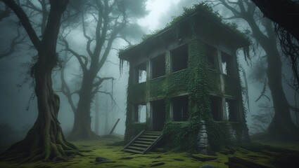 Overgrown Ruins in Misty Forest.
