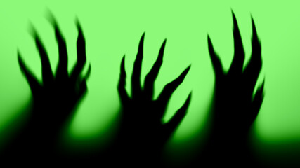 Obraz premium Shadow overlay effect for halloween background with Terrifying scary hands with long nails,Creepy monster claw,silhouette of hands with green background,zombie hand rising out of a graveyard