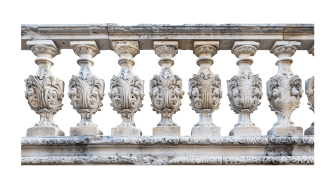 Classical Stone Balustrade with Intricate Carved Details Isolated on Black