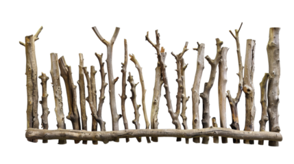 Section of a natural driftwood fence made from vertical branches.