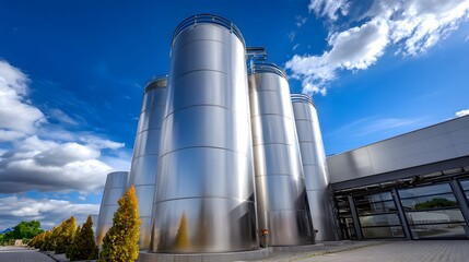  Large industrial stainless steel silos against blue sky, modern factory tanks for food, dairy, brewing, storage or chemical production.