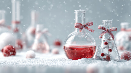 Colorful chemical laboratory flasks with red liquid and festive Christmas decorations create a magical winter atmosphere. Chemical plant. Christmas and New Year greetings. With copy space