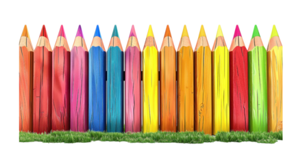Imaginative Fence Made of Giant Colorful Pencils Standing on Green Grass
