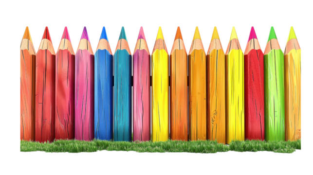 Imaginative Fence Made of Giant Colorful Pencils Standing on Green Grass