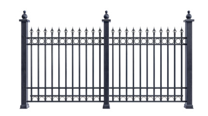 Tall black wrought iron fence with decorative finials and posts