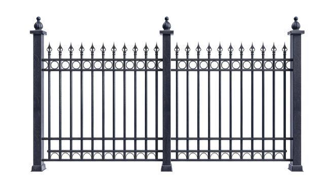 Tall black wrought iron fence with decorative finials and posts