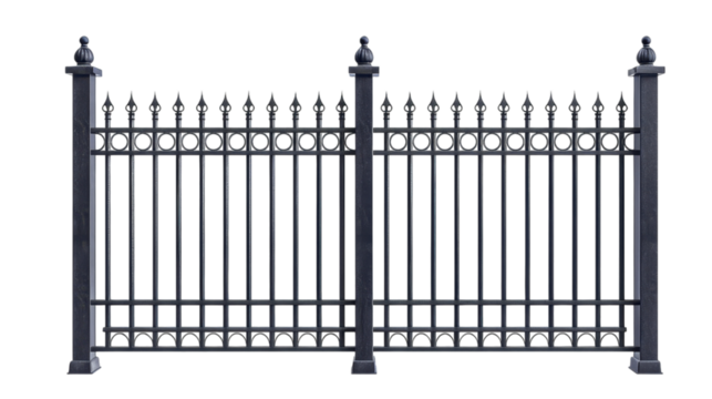 Tall black wrought iron fence with decorative finials and posts