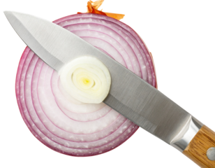 Sliced Onion with Knife Cutting Through, Top View, isolated on transparent background.