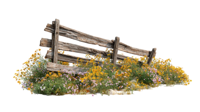 Old rustic wooden fence leaning amidst vibrant colorful wildflowers.