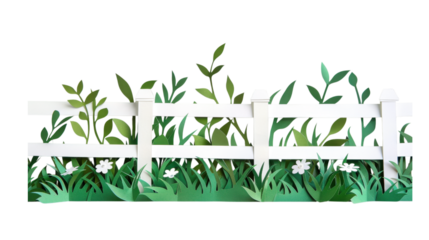 Paper Cut White Picket Fence with Green Grass Leaves and Flowers
