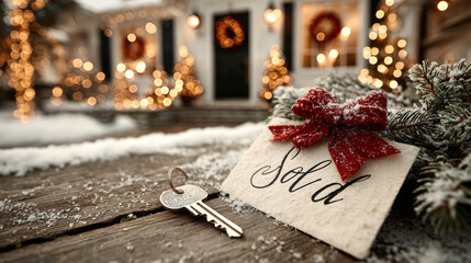 Festive sold sign in front of a cozy home adorned with Christmas decorations next to large key and red bow, Christmas tree branches. Real estate agency. Christmas and New Year greetings. Copy space