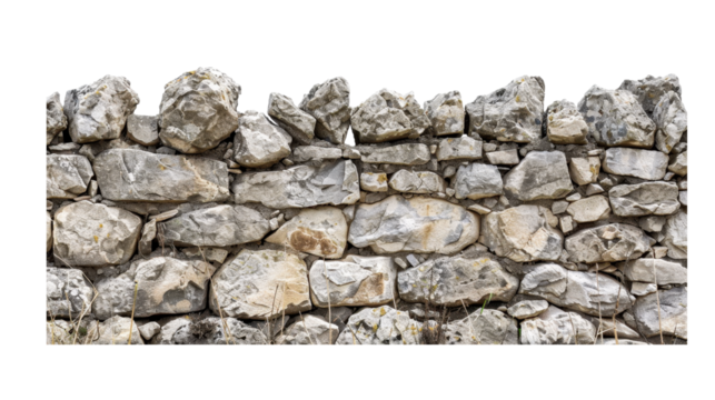 Irregular Natural Stone Wall or Fence with Varied Rocks and Grass