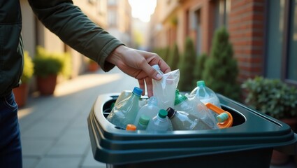 Person recycling plastic bottles outdoors.