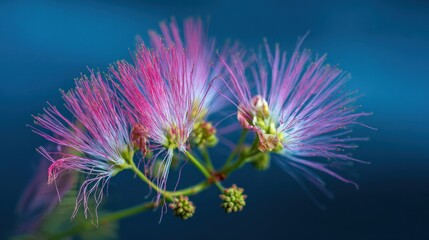 Pink and Purple Powder Puff Blossoms with Feathery Filaments on Deep Blue Gradient