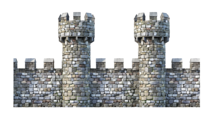Tall Medieval Stone Wall with Two Towers and Battlements