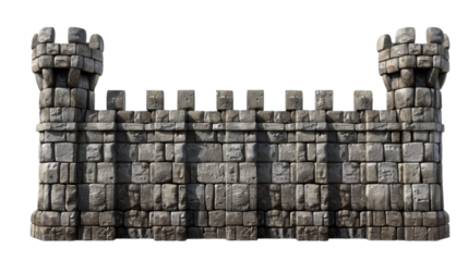Robust Medieval Stone Wall with Crenellated Battlements and Rounded Towers