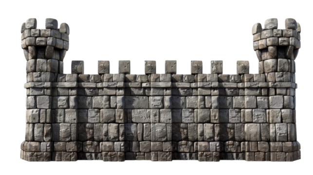 Robust Medieval Stone Wall with Crenellated Battlements and Rounded Towers