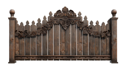 Ornate carved wooden fence panel with floral and scroll decorative elements.