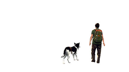 Man hiking with his dog in nature isolated on white background
