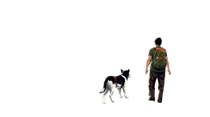 Man hiking with his dog in nature isolated on white background
