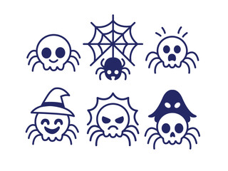 A collection of cartoon spiders with various expressions and a spiderweb, all in a simple, dark blue line art style.
