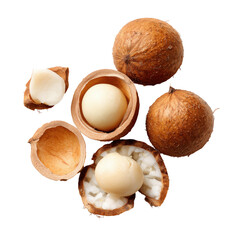 Group Of Fresh Longan Fruits With Brown Shells And White Juicy Flesh On Transparent Background