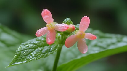 Closeup Dewy Pink Flowers Green Leaves Nature