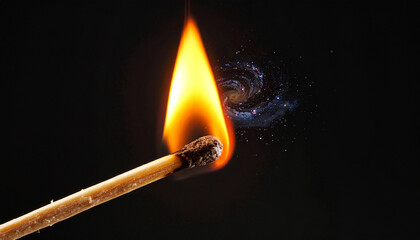 Burning matchstick igniting with flame and smoke against dark backdrop
