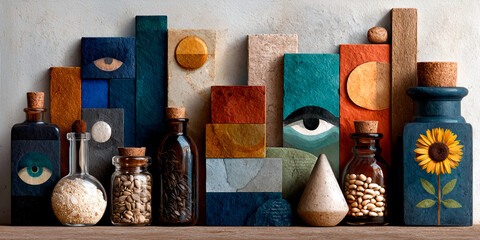 A collection of jars and bottles with a variety of colors and shapes. The jars and bottles are arranged in a way that creates a sense of depth and dimension. Scene is one of creativity