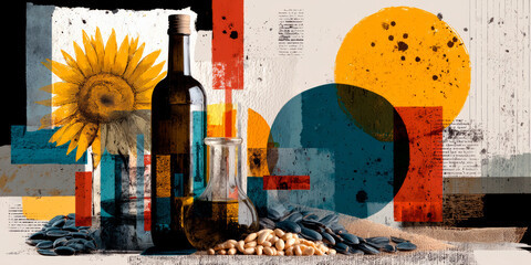 A bottle of olive oil sits on a table next to a jar of sunflower seeds. The image is a collage of different shapes and colors, giving it a unique and artistic feel. The combination of the bottle