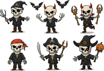 Halloween skeleton pirates, demons and witches with weapons, bats and pumpkins, spooky scary undead characters illustration set, creepy holiday costume design vector art