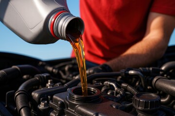 Technician Refuels Engine with Golden Oil, ensuring peak automotive performance and longevity during routine maintenance, captured in a clear, vibrant and modern style.
