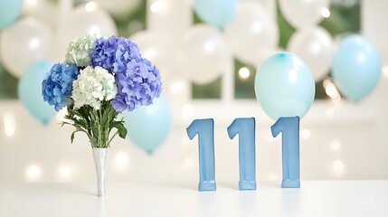 Elegant Hydrangea Bouquet with Balloons and Number 111 for Birthday Celebration