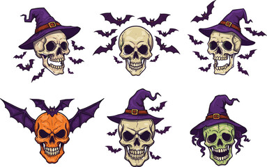 Halloween skulls with witch hats, bats, pumpkin skull and green zombie skull, spooky creepy horror illustration set, scary undead skeleton head vector art design