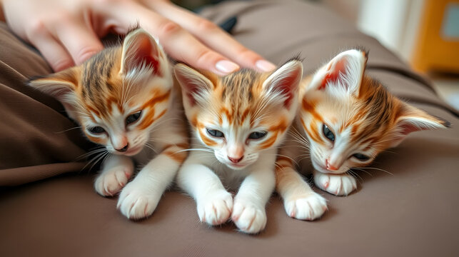 Close up footage in slowmotion of three little cute kittens lying on human's lap while hand patting them on back in slowmotion