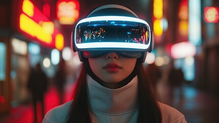 VR headset user in neon-lit city