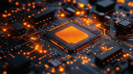 Integrated circuit layout glowing with data flow lines and nano-patterned traces
