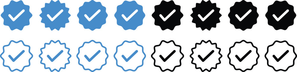 Blue Verified badge icon set. Blue tick check with social media account icon. Set of check mark icons. approved profile sign. white tick in blue circle.
