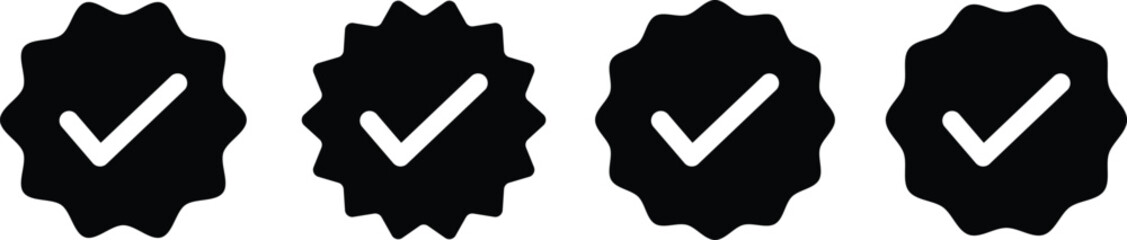 Blue Verified badge icon set. Blue tick check with social media account icon. Set of check mark icons. approved profile sign. white tick in blue circle.
